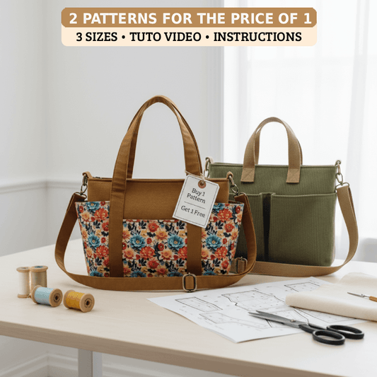 Multi-Pocket Tote Bag Pattern + FREE Zipper Purse (3 Sizes Each)