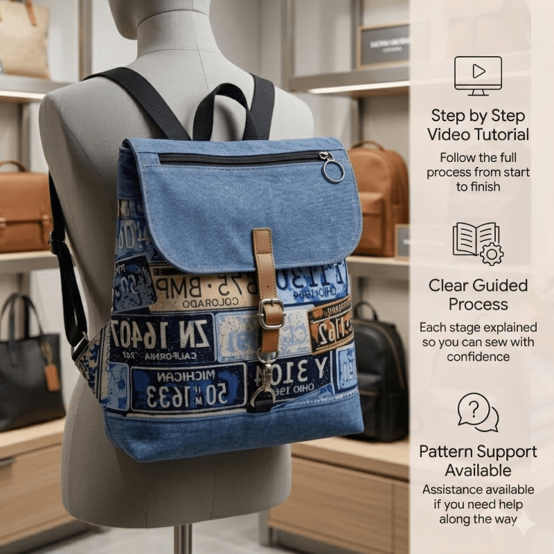 Denim Multi-Pocket Zip Backpack PDF Download Pattern (3 sizes included)