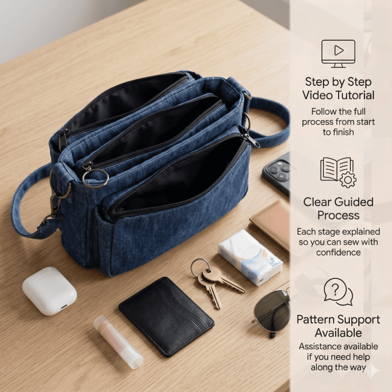 Denim Multi-Compartment Crossbody Bag PDF Download Pattern (3 sizes included)