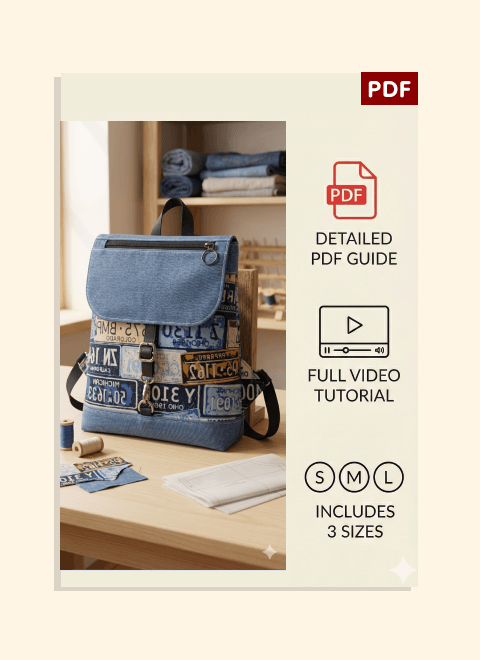 Denim Multi-Pocket Zip Backpack PDF Download Pattern (3 sizes included)