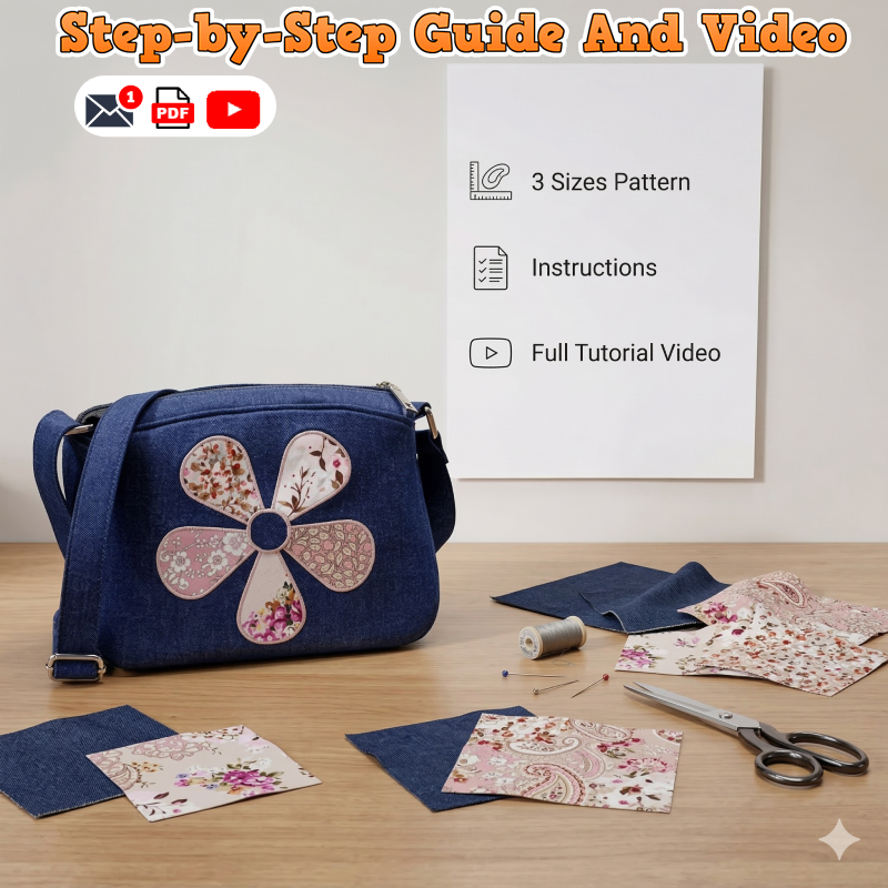 Flower Denim Crossbody Bag PDF Download Pattern (3 sizes included)
