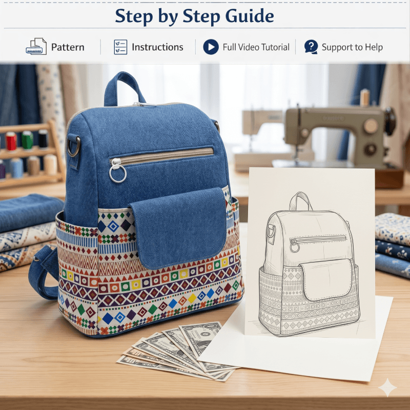 Denim Multi-Pocket Backpack PDF Download Pattern (3 sizes included)