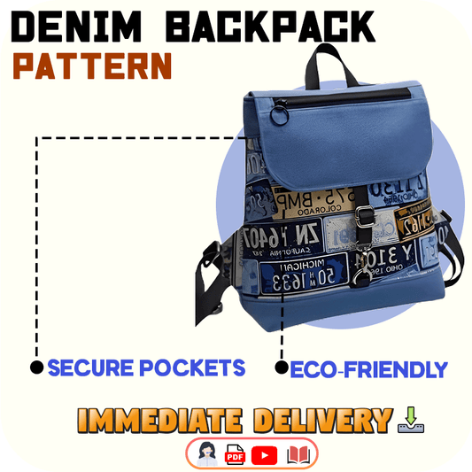 Denim Multi-Pocket Zip Backpack PDF Download Pattern (3 sizes included)