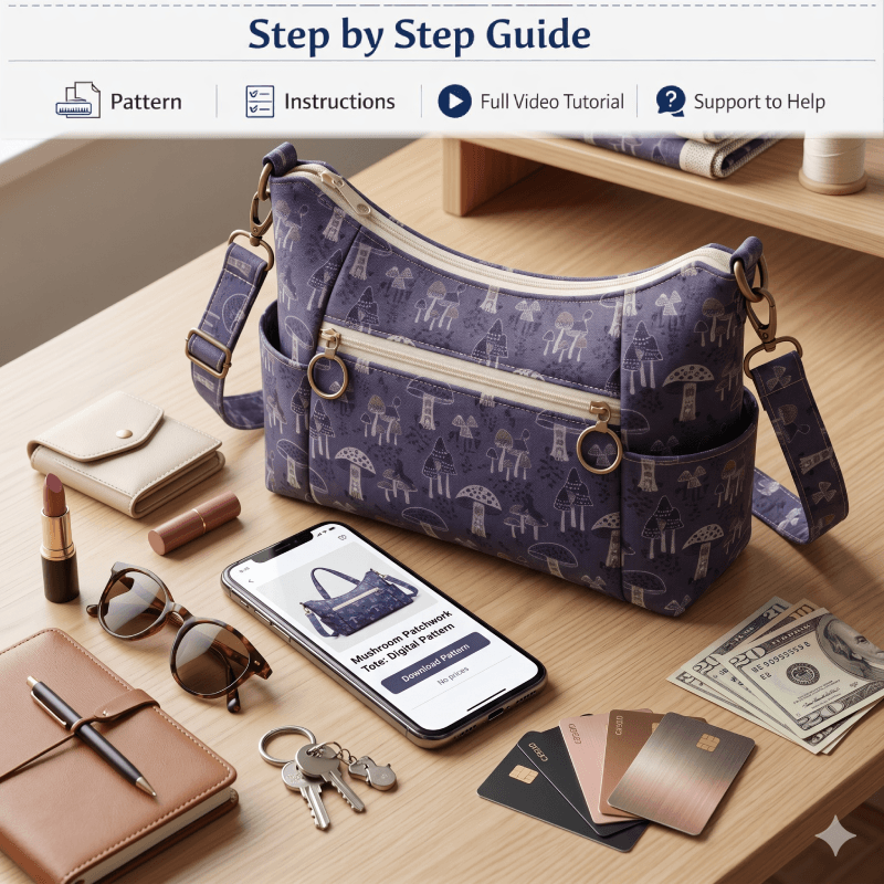 Pocketed Exterior Tote Bag PDF Download Pattern (3 sizes included)