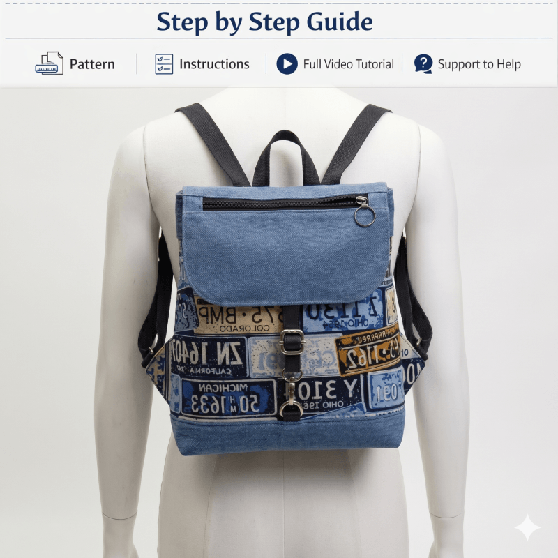 Denim Multi-Pocket Zip Backpack PDF Download Pattern (3 sizes included)