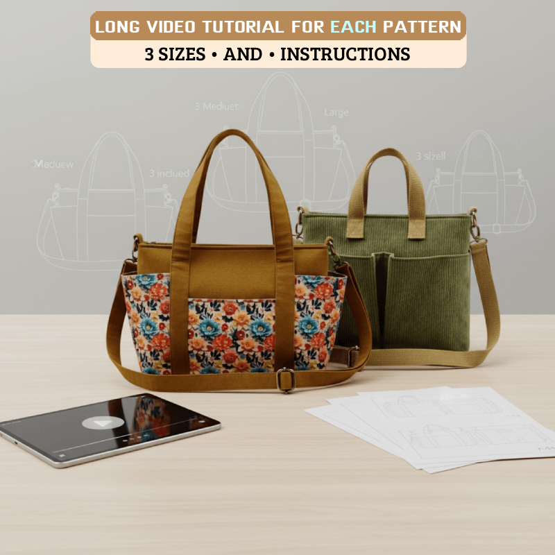 Multi-Pocket Tote Bag Pattern + FREE Zipper Purse (3 Sizes Each)